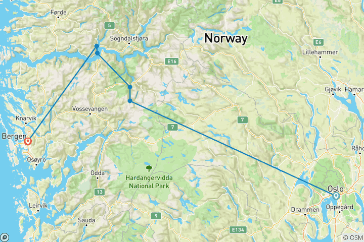 Carte du circuit La Norvège spectaculaire : Oslo, Fjords et Bergen - 6 jours / 5 nuits