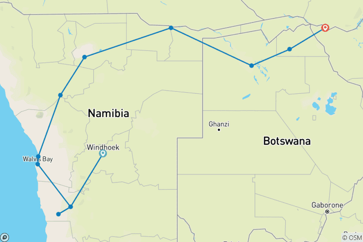 Carte du circuit Namibie, Botswana et chutes 2027 - 15 jours