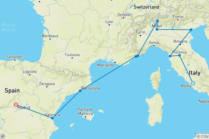 Carte du circuit Trésors de la Méditerranée & Exploration de l'Europe du Sud 13 jours / 12 nuits