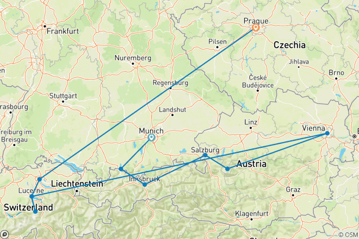 Kaart van Ontdekkingsreis door Centraal-Europa & Alpen 12 Dagen / 11 Nachten