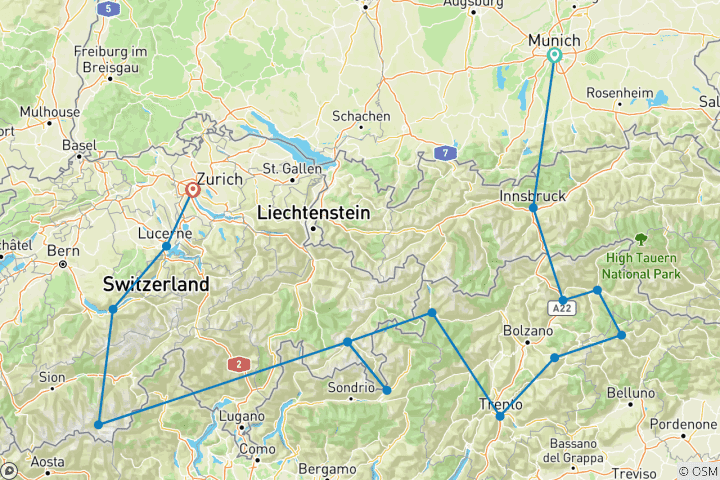 Map of Alpine Adventure, Bernina & Glacier Express 12 Days