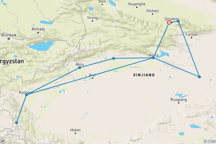 Mapa de Viajar por el sur de Xinjiang