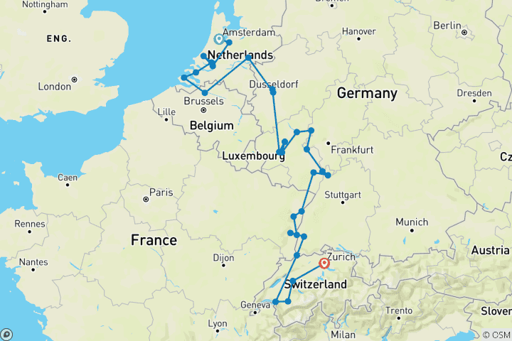 Carte du circuit Romantique Rhin et Moselle avec la Suisse 2026 - 19 jours (68 destinations)