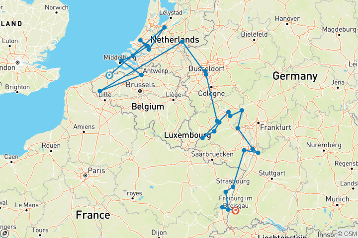 Carte du circuit Romantique Rhin et Moselle avec Bruges 2026 - 18 jours (from Bruges to Fribourg-en-Brisgau)