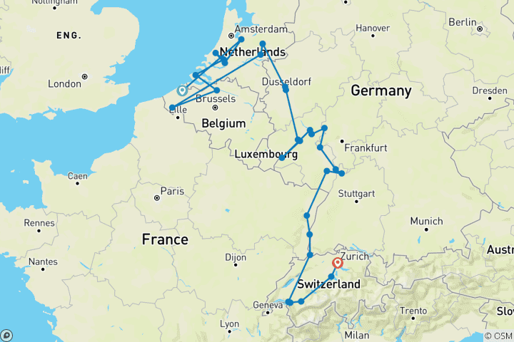 Carte du circuit Romantique Rhin et Moselle avec Suisse et Bruges 2026 - 22 jours (from Bruges to Zurich)