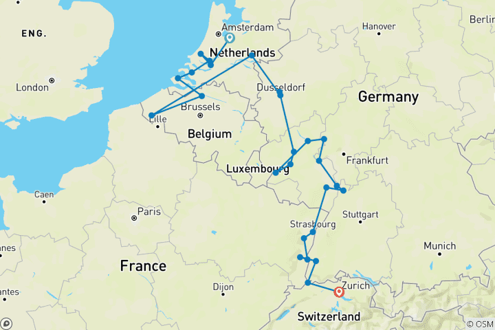 Carte du circuit Rhin romantique et Moselle 2026 - 15 jours (from Huizen to Zurich)