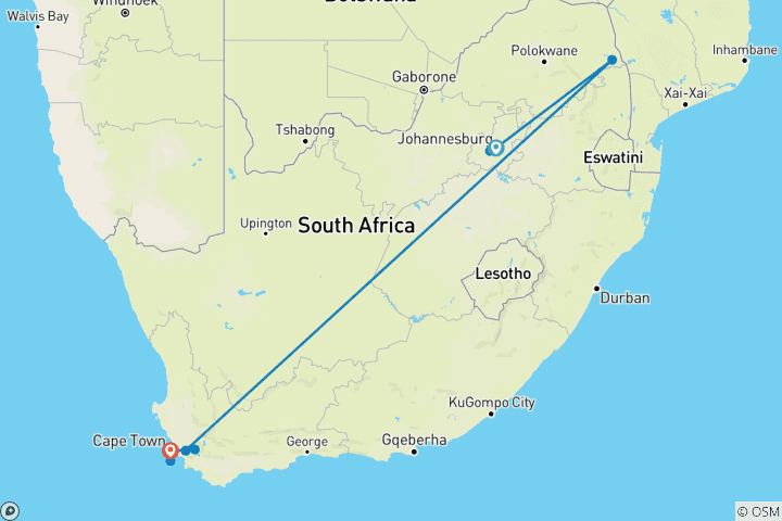 Carte du circuit L'Afrique du Sud emblématique (de Johannesburg au Cap)