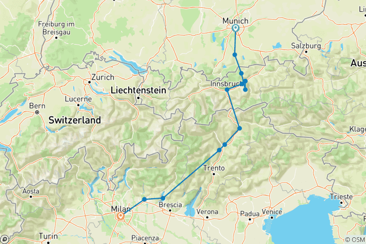 Karte von Von München nach Mailand in 10 Tagen