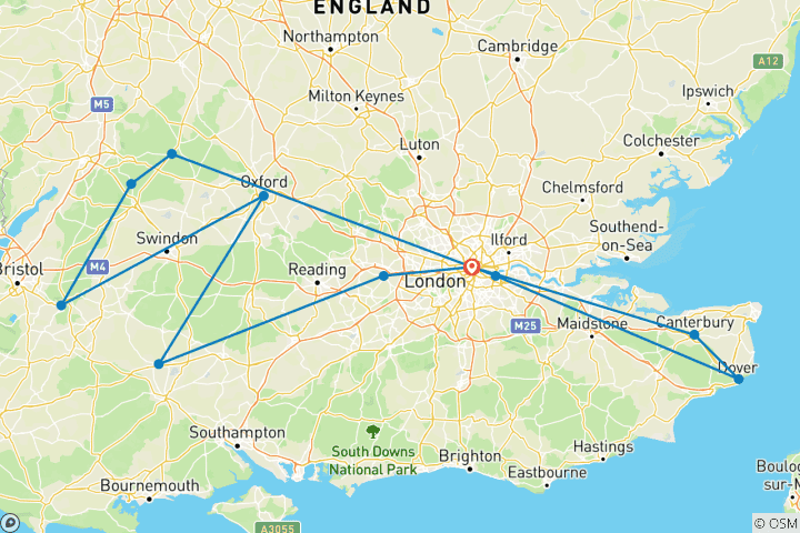 Kaart van Engeland Ontdekkingsreis: Kastelen, Cotswolds & Kustlijn - 5 Dagen