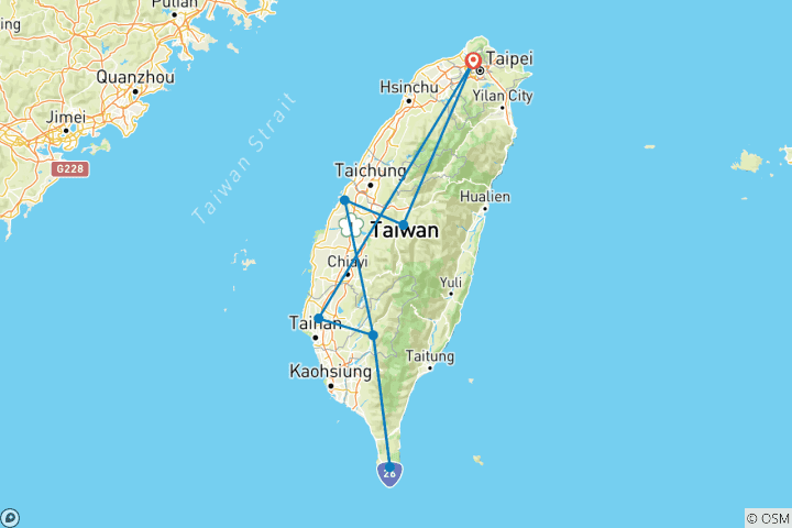 Kaart van Privé 4-daagse West- & Zuid-Taiwan Tour vanuit Taipei: Sun Moon Lake, Lukang, Tainan, Kaohsiung, Kenting