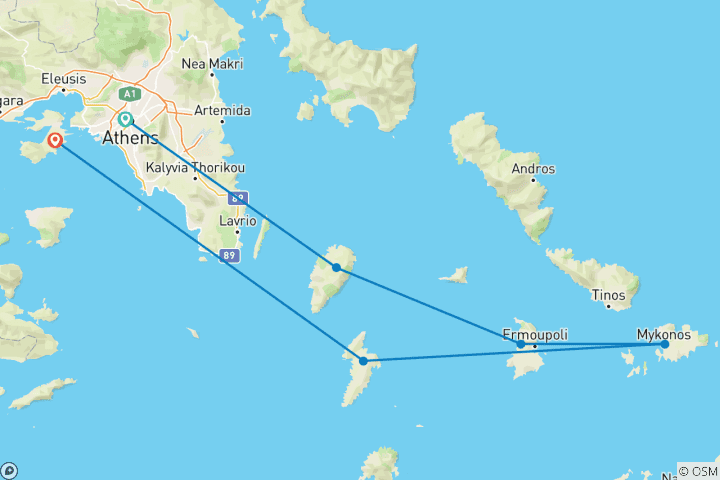 Carte du circuit 8 jours d'aventure en goélette dans les îles grecques : Athènes, Kéa, Syros, Mykonos et Kythnos