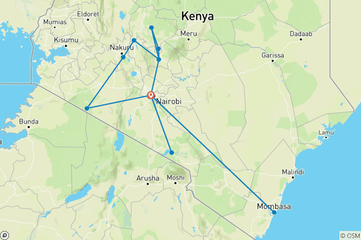 Map of On Safari in Kenya with Nairobi & Mombasa