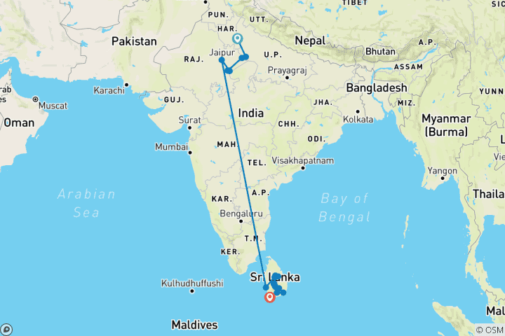 Carte du circuit Le meilleur de l'Inde et du Sri Lanka : Le pays du Taj et des tigres