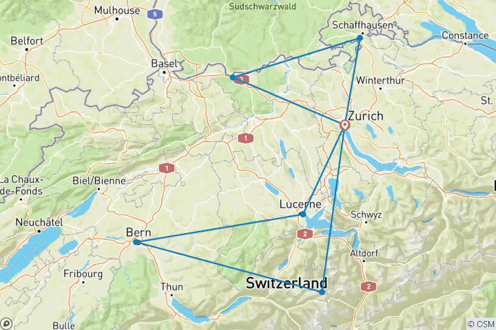 Carte du circuit 7 jours Les icônes de la Suisse : Zurich, Titlis, Lucerne et les chutes du Rhin