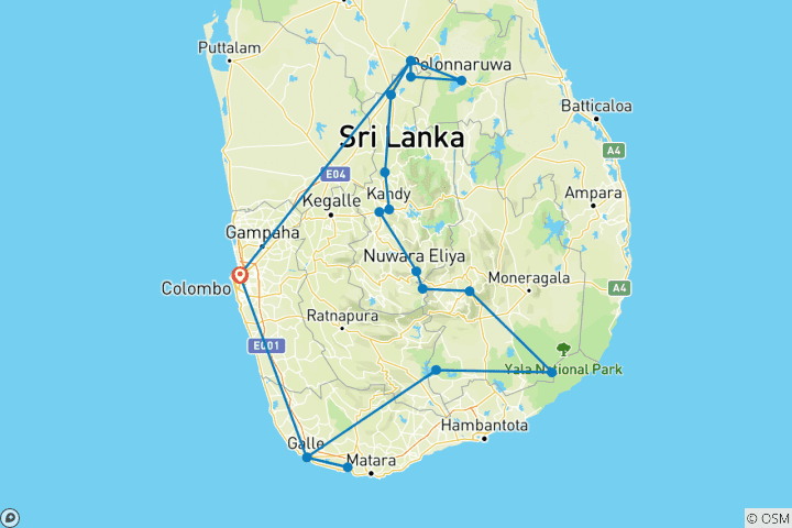 Carte du circuit Sri Lanka : anciennes capitales et royaumes sauvages