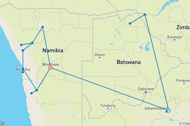 Carte du circuit Namibie : une terre de contrastes, avec Johannesburg et les chutes Victoria