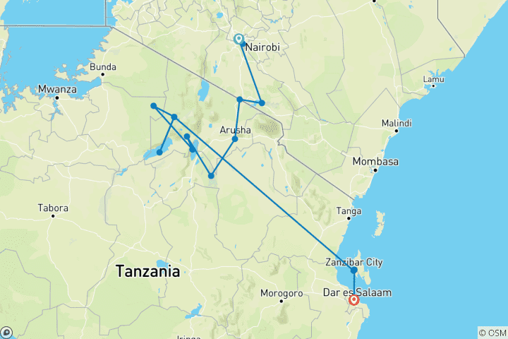 Carte du circuit Safari au Kenya et en Tanzanie avec une escale à Zanzibar