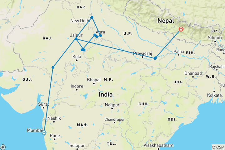 Map of Timeless India: Tigers & Traditions with Mumbai, Udaipur & Kathmandu