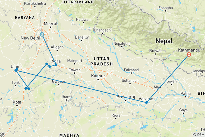 Map of Timeless India: Tigers & Traditions with Kathmandu