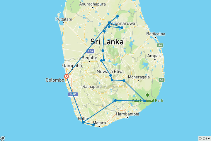 Mapa de Sri Lanka: antiguas capitales y reinos salvajes con estancia en la playa de Galle