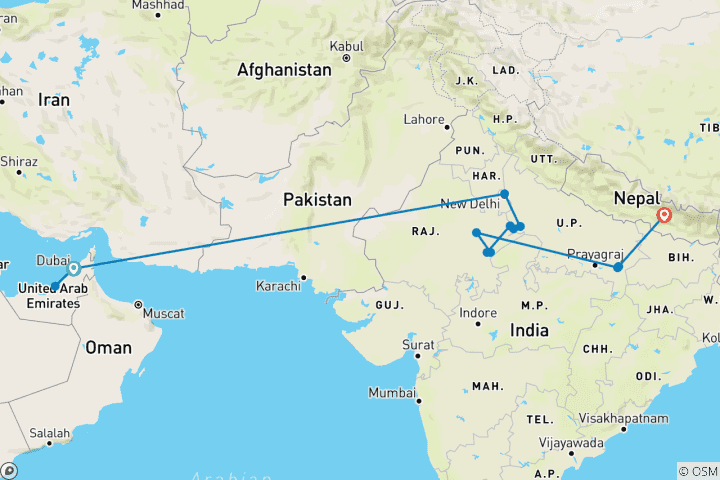 Carte du circuit L'Inde intemporelle : tigres et traditions, avec Dubaï et Katmandou