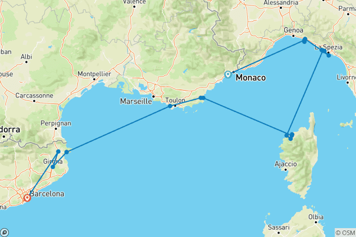 Carte du circuit Les joyaux de la navigation de plaisance sur les Rivières italienne et française 2027 – 8 jours (de Nice à Barcelone)
