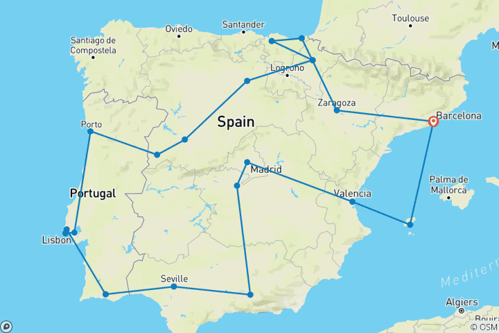 Kaart van Het beste van Spanje & Portugal (vertrek vanuit Barcelona)
