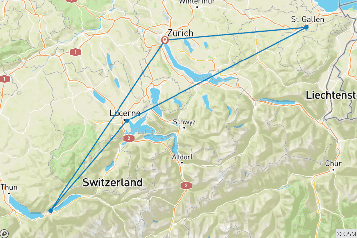 Kaart van Een avontuur in Zwitserland van 8 dagen – (Zürich met telkens 2 overnachtingen in Luzern en Interlaken)