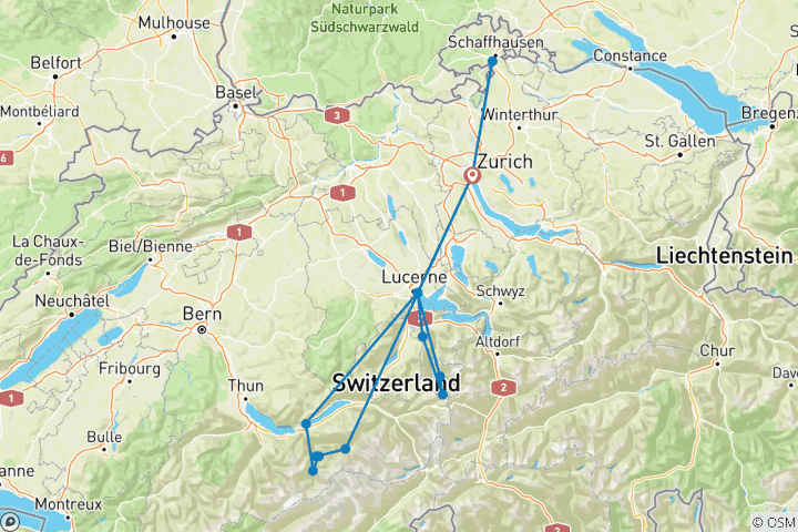 Kaart van Reis naar Zwitserland langs Zürich, Luzern en Interlaken (in 7 dagen)