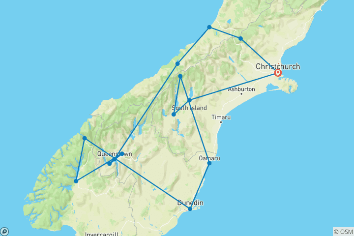 Kaart van Kerstreis op het Zuidereiland – 11 dagen