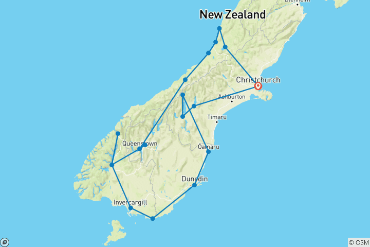 Carte du circuit Grande découverte de l'île du Sud - 14 jours