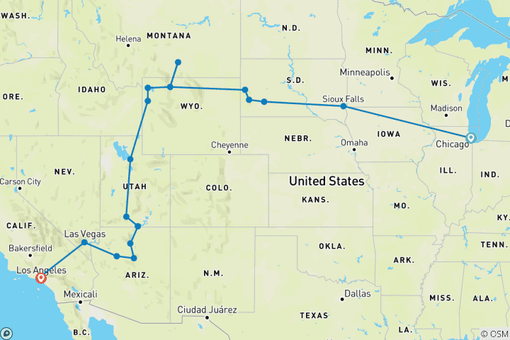Kaart van Chicago, Mount Rushmore & Los Angeles – 11 dagen