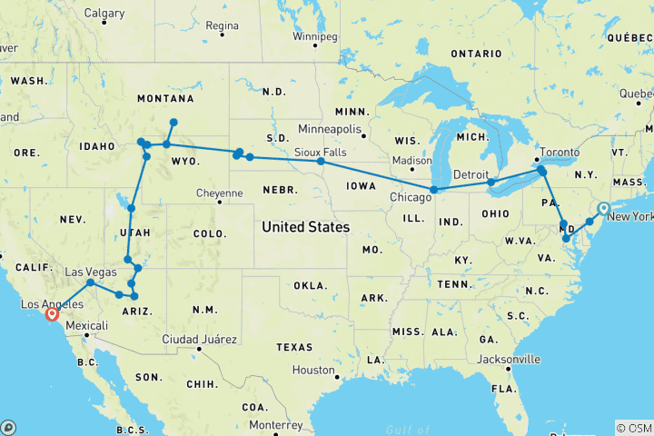 Kaart van Van New York en Chicago naar Hollywood – 17 dagen