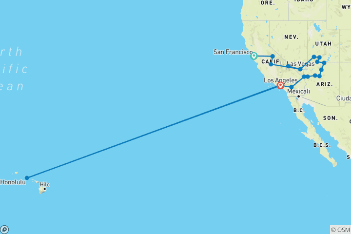 Carte du circuit De San Francisco à Los Angeles en passant par Honolulu – 15 jours