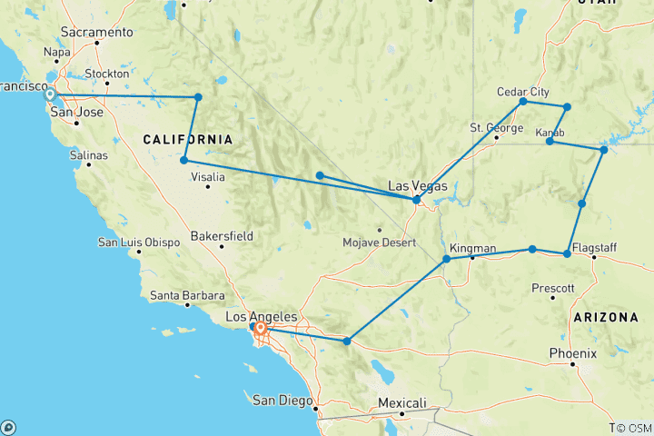 Karte von San Francisco, Las Vegas bis Los Angeles – 10 Tage