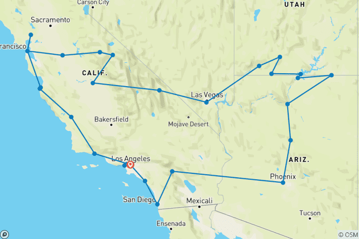 Carte du circuit Los Angeles, Las Vegas et San Francisco - 15 jours