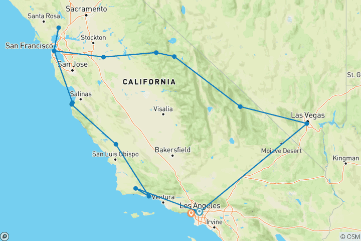 Carte du circuit Los Angeles, Mojave et Yosemite - 8 jours