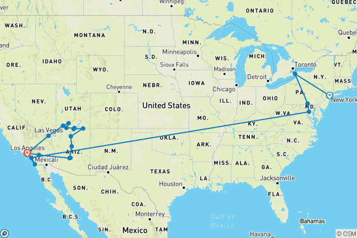 Kaart van Van New York naar Los Angeles – 14 dagen