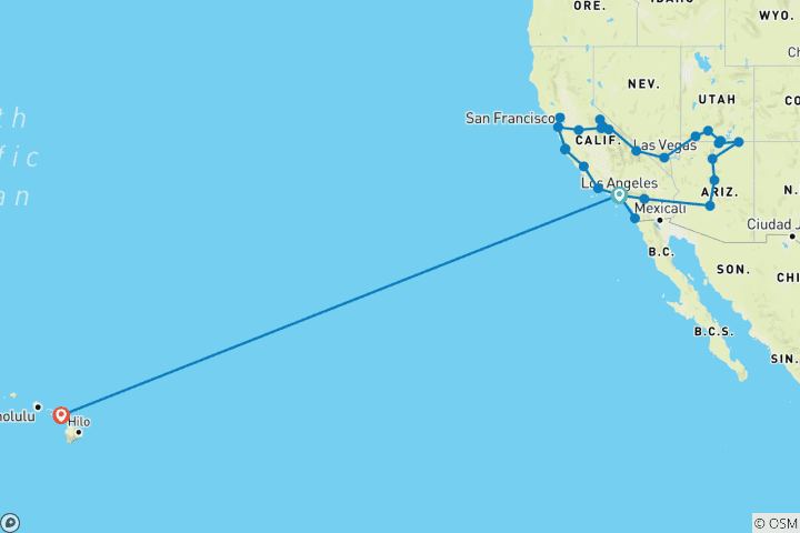 Kaart van Rondreis van Los Angeles naar Maui – 20 dagen