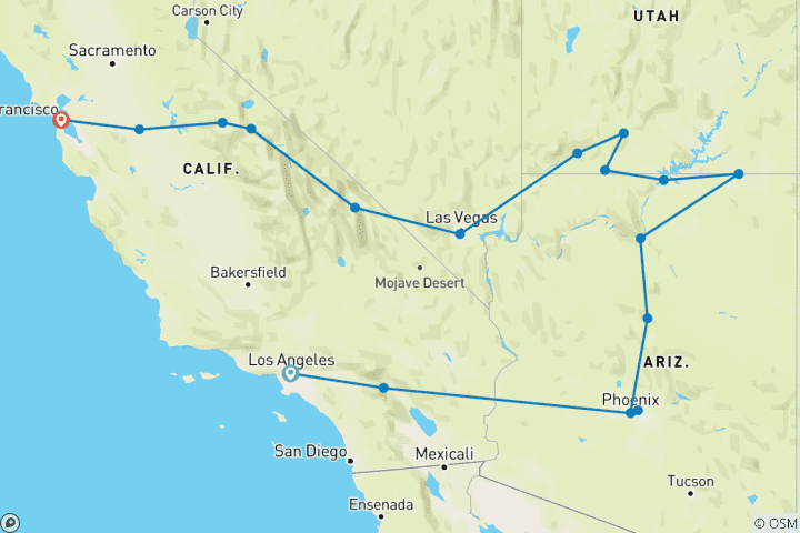 Carte du circuit De Los Angeles à San Francisco - 11 jours