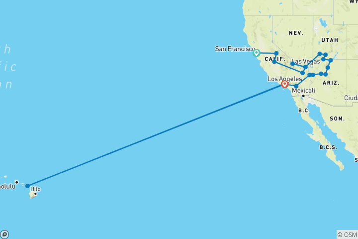 Kaart van Van San Francisco en Maui naar Los Angeles – 15 dagen