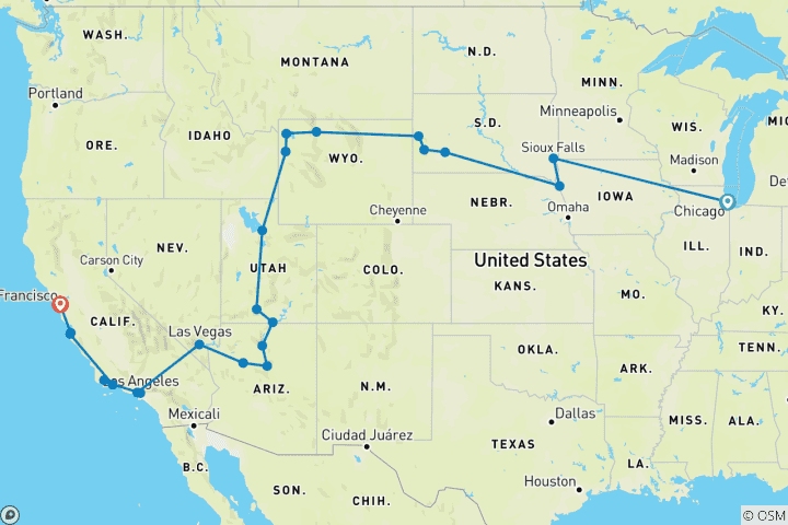 Kaart van Chicago, Yellowstone & Los Angeles – 14 dagen