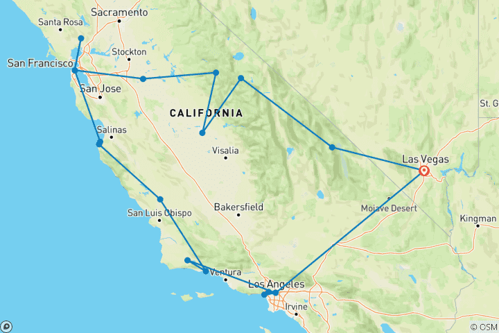Kaart van Las Vegas, San Francisco & Los Angeles – 8 dagen