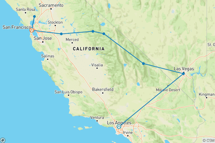 Carte du circuit Mojave, Vallée de la Mort et Yosemite - 7 jours