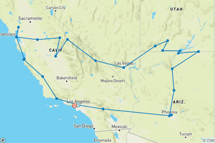 Kaart van Palm Springs, Bryce Canyon & Death Valley – 13 dagen