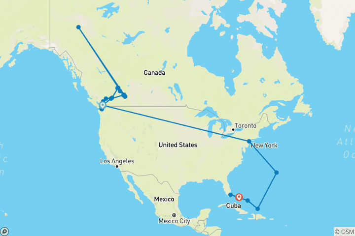 Kaart van Hoogtepunten van de Rockies & de Bahama’s – Ontdekkingsreis: cruise en rondreis