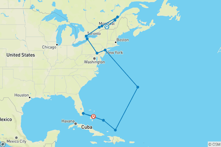 Karte von Entdeckungsreise durch Ostkanada, die USA und die Bahamas – Kreuzfahrt und Landausflüge