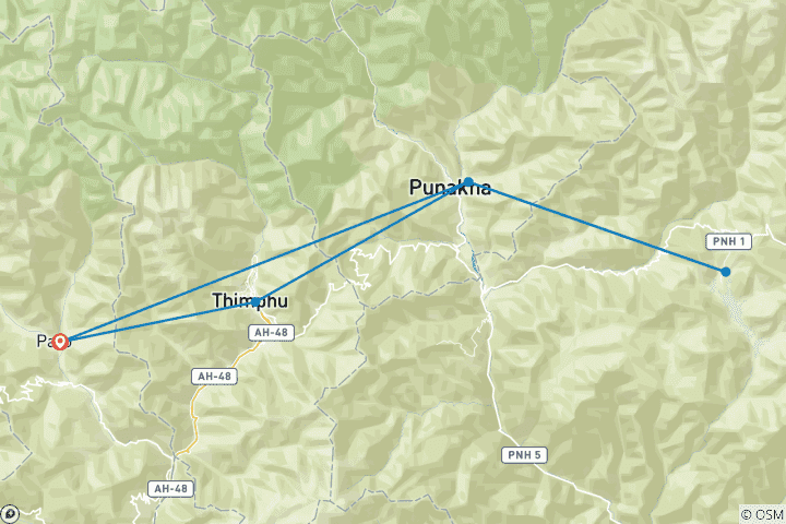 Mapa de Viaje por los festivales de Bután: Thimphu y Gangtey Tshechu