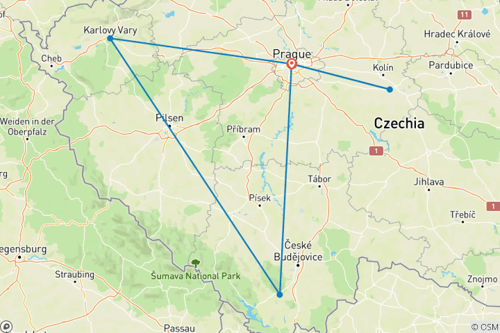 Mapa de 6 días en Praga: castillos, ciudades balneario y tesoros de la UNESCO