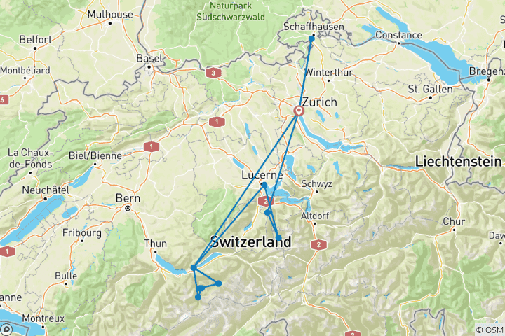 Mapa de Aventuras en Suiza en 8 días: el Titlis, el Harder Kulm y mucho más (con estancias de 3 noches en Interlaken, 1 noche en Lucerna y 3 noches en Zúrich)